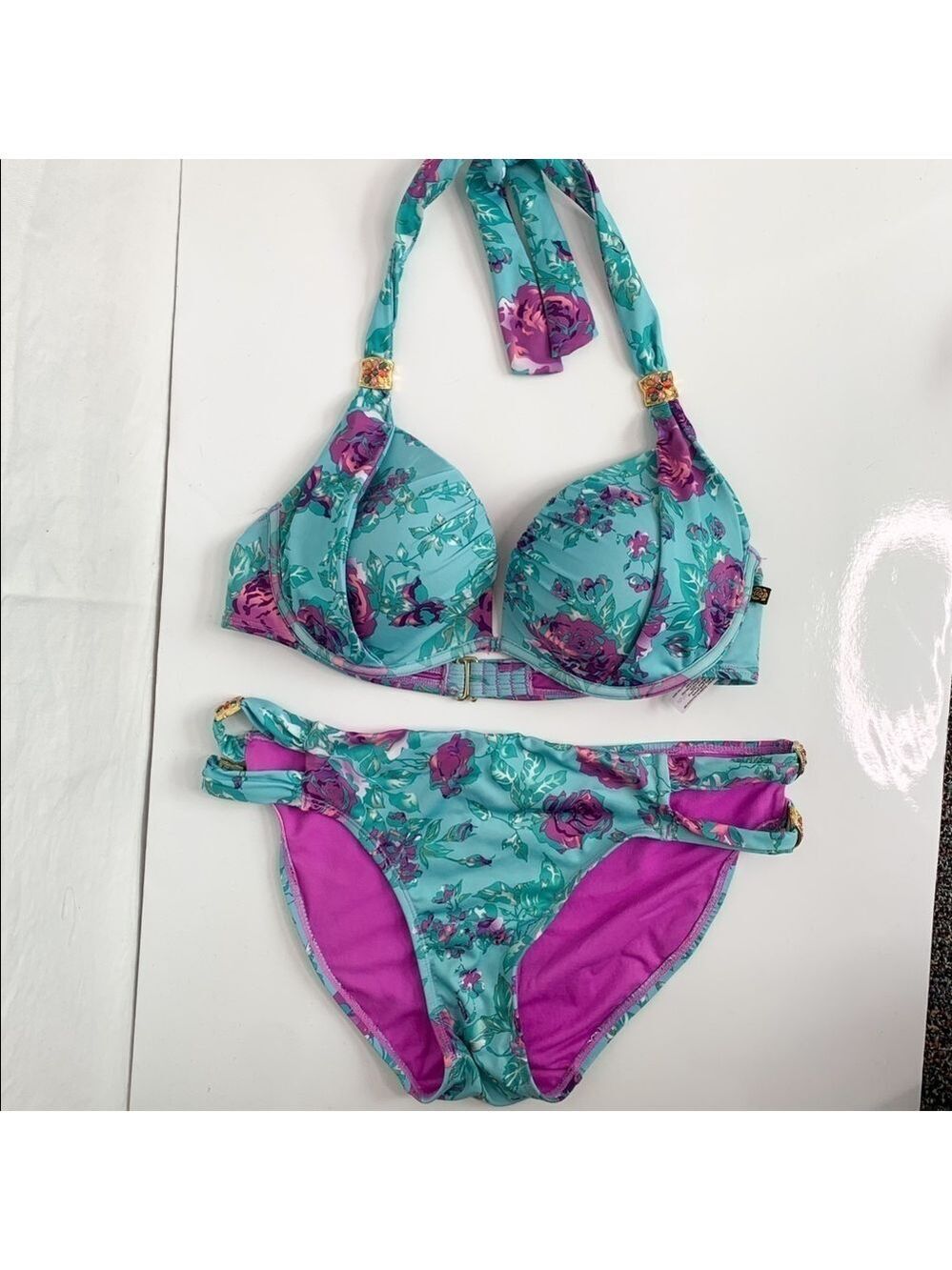 LE VIE EN ROSE Aqua Floral Bejeweled Bikini (M, L) (🦩2 for $25)